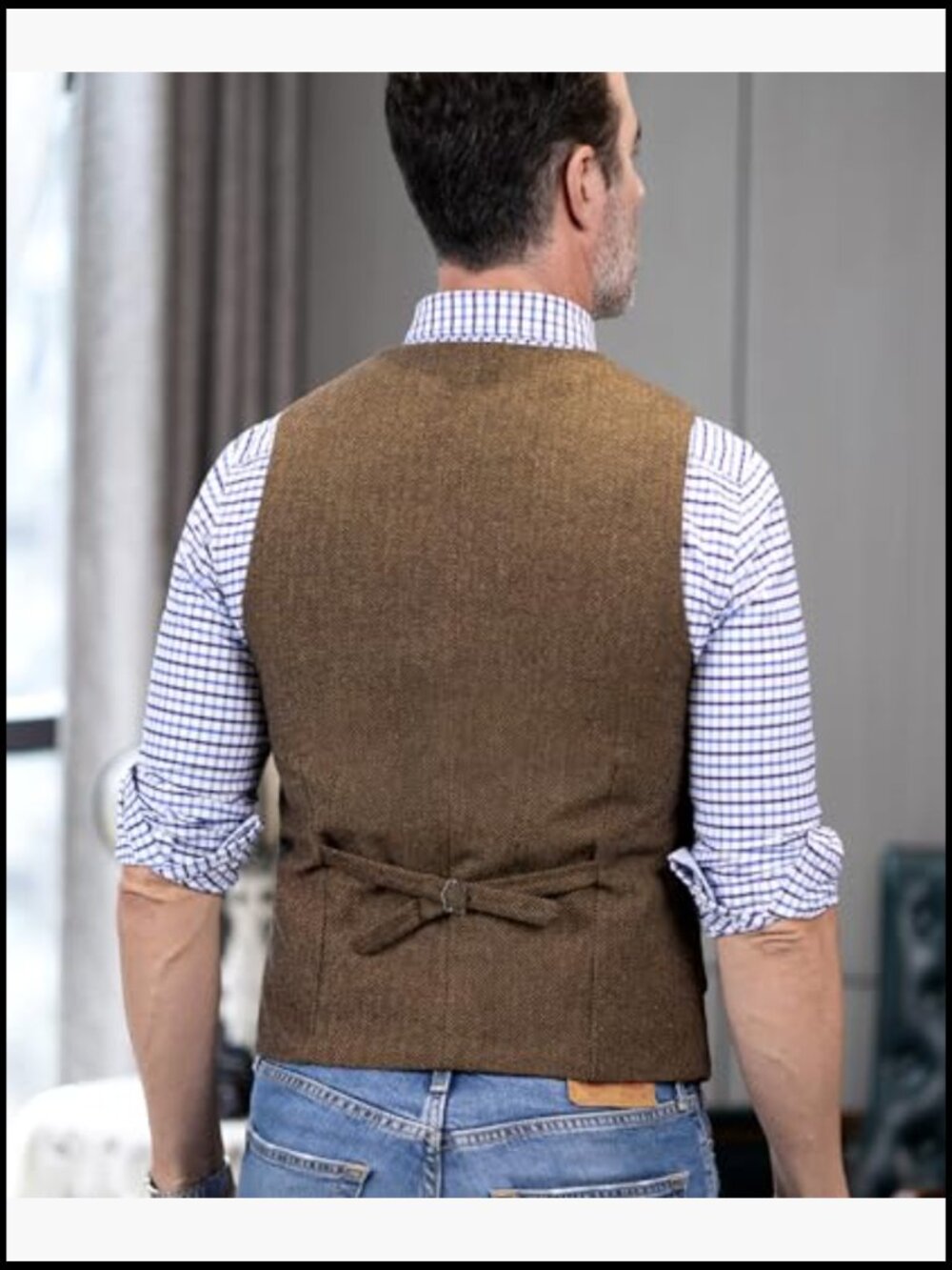 Wool Blend Tweed Vest Western Herringbone Waistcoat for Groomsman - Picture 5 of 6